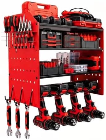 Power Tool Organizer Wall Mount,Power Drill Tool Holder,200lb Heavy Duty Tool Shelf,4 Tier Cordless Tool Organizer with 4 Drill Holders & 3 Divider Panels,Red by YKNIUNIU