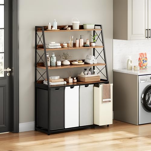 Herture Laundry Basket, 4 Section Laundry Hamper with 4 Tiers Shelf, Pull-Out and Removable Laundry Bags, Large 4 x 15.87 Gallons, for Laundry Room Bathroom Rustic Brown PF12XLN - Image 2