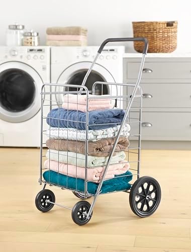 Whitmor Deluxe Utility Foldable Shopping Cart with Wheels, 100 Lb Capacity, Heavy Duty Grocery Cart with Steel Frame, Foam Handle, Rolling Folding Utility Trolley for Grocery, Laundry, Travel, Gray - Image 7