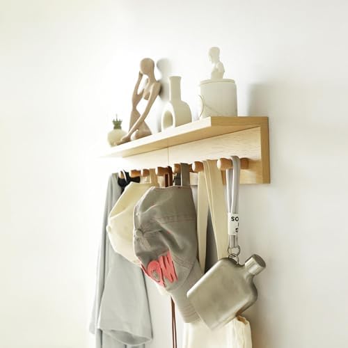 Small Entryway Shelf with Hooks, Wall Mounted Coat Rack with Shelf for Small Spaces, Wooden Floating Wall Organizer for Entryway, Mudroom, Nursery, Bathroom & Kitchen (Oak Finish) - Image 3