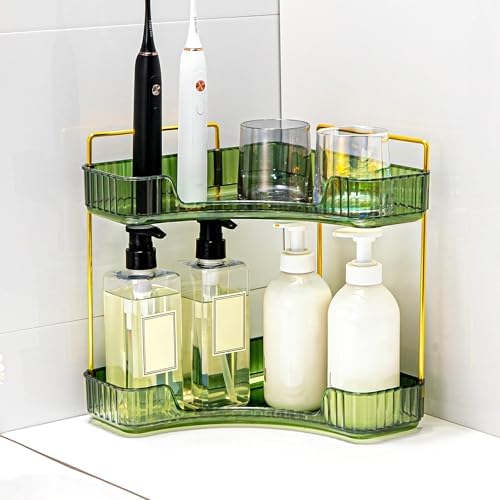 Corner Bathroom Counter Organizer Bathroom Countertop Shelf Makeup Organizer for Vanity Perfume Tray for Corner Storage (2 Tiers, Green) - Image 6