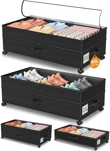 Under Bed Storage with Wheels,2Pack Underbed Shoe Storage Organizer,7.5-10.6 inchTall Adjustable Storage for Underbed with Lids,65L Extra large capacity for Clothes, Blankets,Shoes by LeArex