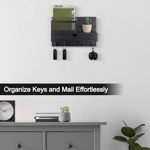 Key Holder for Wall with 5 Key Hooks and Storage Drawer - Image 5