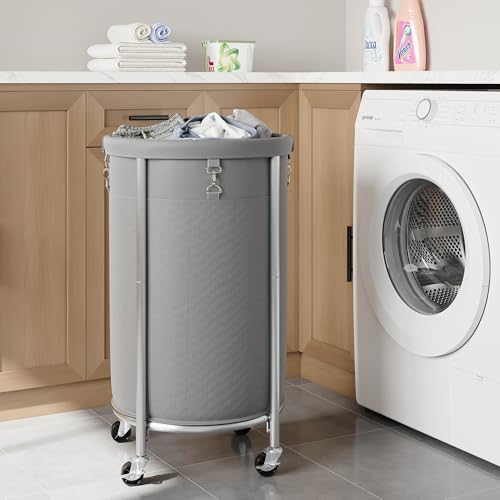ELYKEN Laundry Basket with Wheels, Round Rolling Laundry Hamper, Gray - Image 2