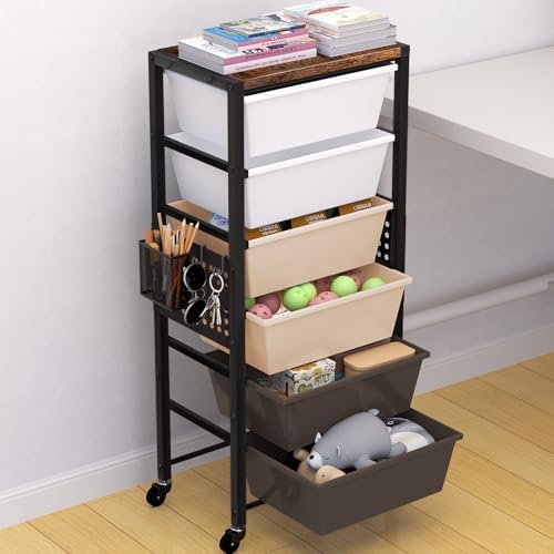 Rolling Cart with Drawers, Rolling Storage Cart with Large Plastic Drawers & Wooden Tabletop, Utility Cart with Pegboards & Basket, Storage Drawers Cart for Living Room, Classroom, Bedroom, Office by Unknown