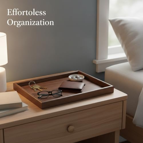 Entryway & Desk Organizer Tray, Solid Wood Rectangular Catchall with Raised Edges for Keys and Watches, 13 x 9.1 Inches, Walnut Finish - Image 3