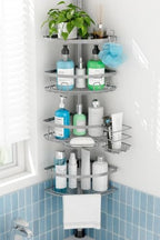 Corner Tension Pole Shower Caddy, 4 Tier Rustproof Shower Tension Rod Organizer with Soap Holder & Hooks, Adjustable 33-125 Inch Bathroom Shelf for Renters - Family Stand Storage Rack, Grey by Dimyno