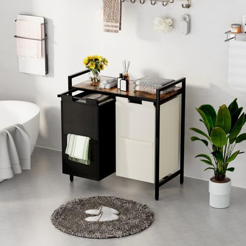 Huhote Double Compartment Laundry Basket, Laundry Sorter with Top Shelf, 2 Removable Washable Bags, Side Pockets, Black & White - Image 6