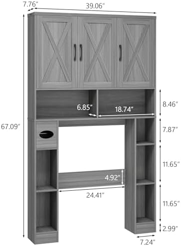 Vabches Over The Toilet Storage Cabinet with 3 Barn Doors.Wash Grey - Image 2