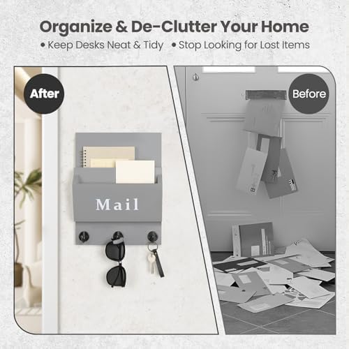 Mail and Key Holder, Wall Key Holder with 2 Mail Organizer Slot and 3 Hooks - Image 2