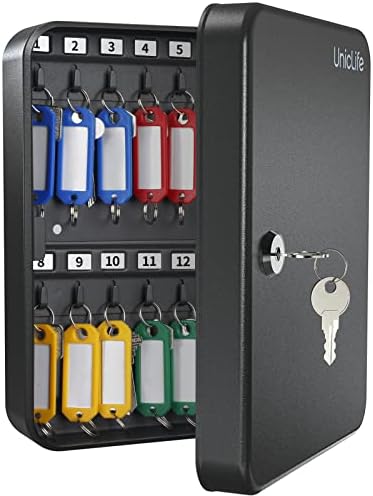 Uniclife Steel Key Cabinet Wall Mounted Organizer - 28 Keys, 2 Unlocking Keys - Black Frosted Security Box with Hooks and Color-Coded Labels by UnicLife