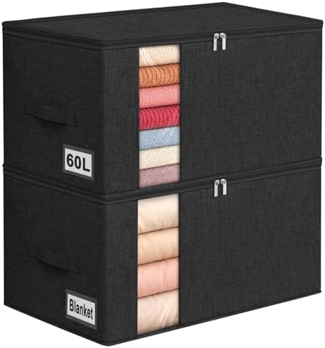 60L Rigid-Sided Blanket Storage Bags, 2 Pack, Black by Boailydi