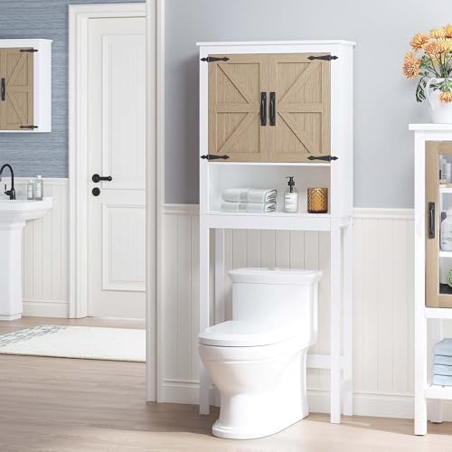 Spirich Over the Toilet Storage Cabinet with Wood-Grain Barn Doors, White - Image 5