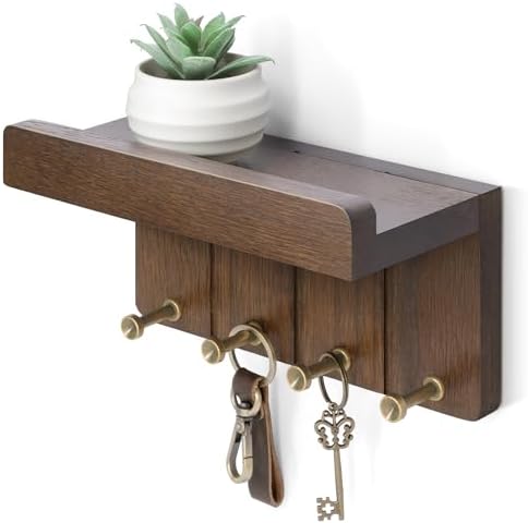 Rebee Vision Small Key Holder Wall Mount with 4 Hooks for Entryway, Brown by REBEEVISION
