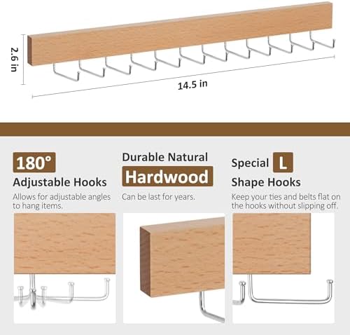 ZEDODIER 2 Pack Tie Rack & Belt Hanger Wall Mounted, Wooden Tie Organizer - Image 4