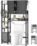 Over The Toilet Storage Cabinet with Doors - 7 Tier Bathroom Organizer with Adjustable Shelf, Freestanding Space Saver Rack Above Toilet Stand with 4 Hooks for Bathroom, Restroom, Laundry, Black by Besiost