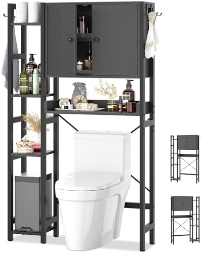 Over The Toilet Storage Cabinet with Doors - 7 Tier Bathroom Organizer with Adjustable Shelf, Freestanding Space Saver Rack Above Toilet Stand with 4 Hooks for Bathroom, Restroom, Laundry, Black by Besiost