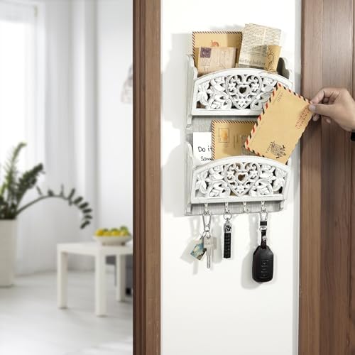 Key and Mail Holder for Wall, 2-Slot Mail Organizer Wall Mount 4 Key Hooks - Image 6