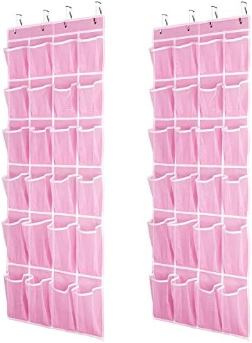 SAVERHO 2 Pack Hanging Shoe Organizer，Over Door Shoe Organizer with 24 Mesh Large Pockets Shoe Storage Bag for Sport Shoes Size:58x21 Inch Hanging Door Shoe Rack Organizer (Pink-2pack) by SAVERHO