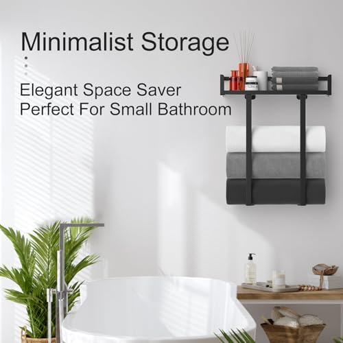 Towel Racks for Bathroom Wall Mounted, Xstydes Metal Towel Holder with Wooden Shelf for Folding Large Towels, Towel Storage for Small Bathroom Organizer Decor or RV Camping, Black - Image 3