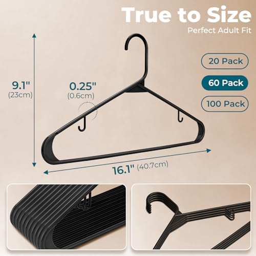 HOUSE DAY Black Plastic Hangers 60 Pack, Slim Space-Saving Clothes Hangers - Image 2
