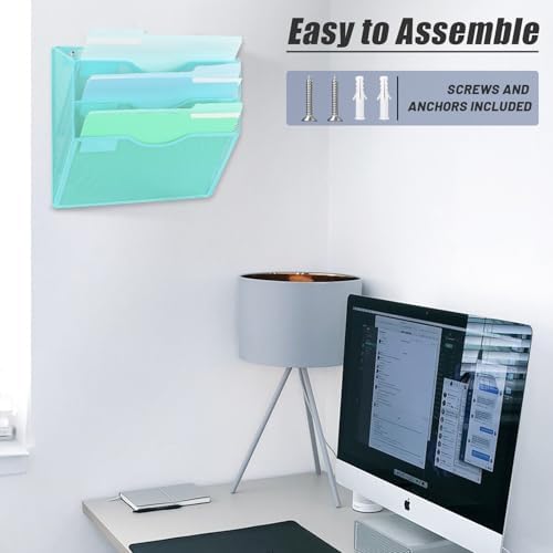 EASEPRES 3 Pocket Mesh Hanging Wall File Organizer, Wall Mounted Mail Paper Document Folder Holder, Clipboard Storage Organization Magazine Rack with Nametag Label for Office Home School, Blue - Image 6
