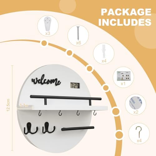 Key Holder for Wall, Key and Mail Holder Organizer with - Key Holder Wall Mount - Round Wooden Rustic Home Decor for Entryway, Mudroom, Hallway, Kitchen Office (White&Black) - Image 6