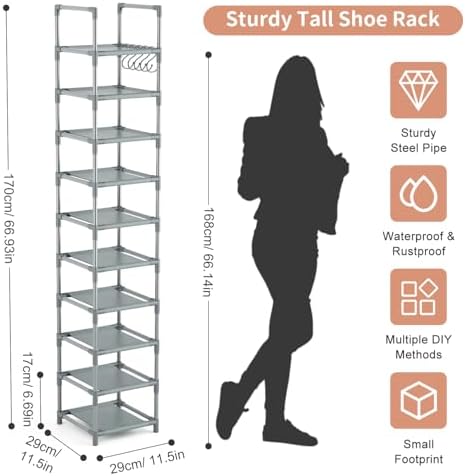 LANTEFUL Narrow Shoe Rack 10-Tier Tall Shoe Organizer Skinny Shoe Shelf Storage for 10-15 Pairs Shoe and Boot, Space Saving Corner Shoe Rack Organizer for Closet, Entryway, Living Room, Grey - Image 3