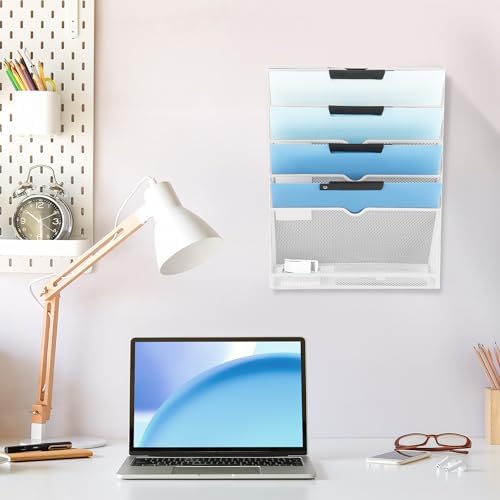 EASEPRES 6 Tier Mesh Hanging Wall File Organizer, Desk Vertical Mail Paper Document Folder Holder Rack with Bottom Tray and Nametag Label for Office Home School, White - Image 6