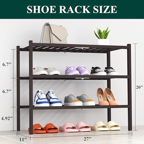 Smiry Bamboo Shoe Rack, 14 Vertical Slats, 3 Tier - 26.8" Wide, Brown - Image 2