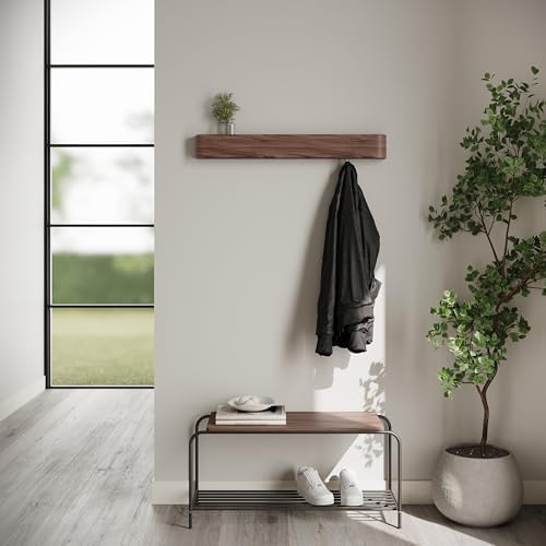 Kazai. Wall-Mounted Coat Rack 'Toke' - Modern Design with Hidden Wall Hooks - Solid Wood Veneer Panel Hanger - Walnut - Image 6