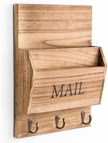Rustic Wood Mail Organizer with Key Holder - Wall Mounted Vintage Mail Sorter & Entryway Organizer (3 hooks) - Image 5
