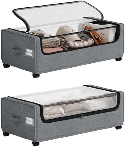 Under Bed Storage, Tall Size Under Bed Storage With Wheels, Under bed Shoe Storage, Metal Frame, 90L Capacity, Storage Drawers for Bedroom by Unknown