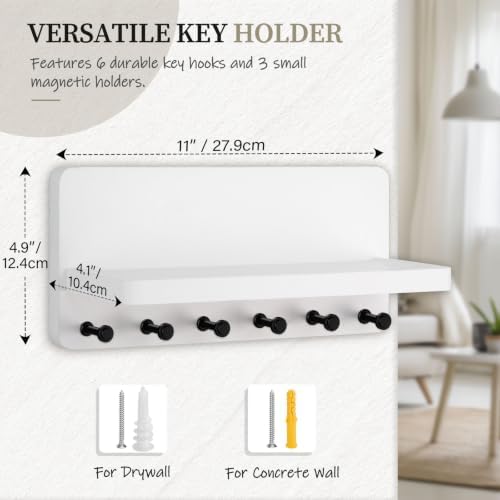 Nekon Key Holder for Wall with Shelf, Pine Wooden Key Hanger, White - Image 3