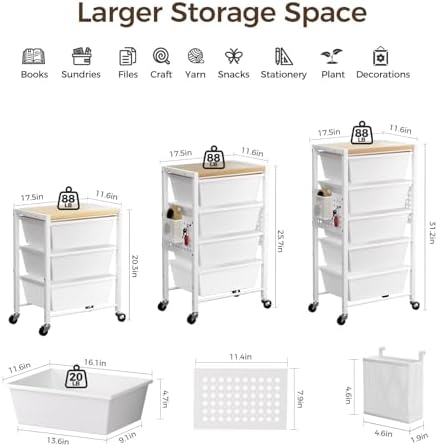 Rolling Cart with 3 Drawers, Plastic Drawer Storage Carts with Lockable Wheels & Wooden Tabletop, Metal Utility Cart Organizer, Office Bedroom Classroom Craft Organization and Storage, Bright White - Image 3