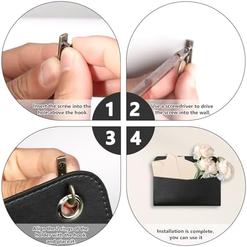 Wall Mount PU Leather Mail Holder Black Faux Leather Letter Holder 2 Ring 9.8" x 7.7" x 1.4" File Organizer Stylish Wall Hanging Mail Storage for Flowers Envelope Key Notebooks Home Office Decor - Image 7
