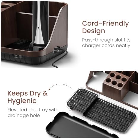 Boperzi Bathroom Counter Organizer for Vanity & Sink Storage: Detachable Electric Toothbrush and Toothpaste Holder, Water Flosser Holder, Bathroom Decor and Accessories Organization Set(Walnut Black) - Image 6