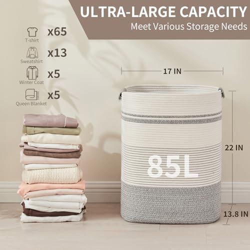 Laundry Hamper, 85L Cotton Rope Laundry Basket, Grey & White - Image 3