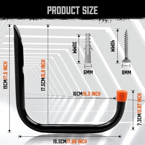 HORUSDY 6 Pack 8 Inch Heavy Duty Garage Hooks, Wall Mount Storage Hangers for Ladder, Bike, Hose, Tools, Holds up to 30LBS, Large Utility Hooks with Screws & Anchors, 7.5" x 7.68" - Image 2