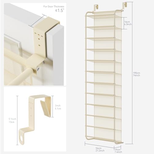 Whitmor 36 Pair Over the Door Shoe Rack,12 Tier Hanging Shoe Organizer with Metal Frame & Mesh Shelves, Heavy Duty Shoe Storage Holder for Door, No Drill Installation, 74" H x 21.7" W x 7.5" D, Beige - Image 2