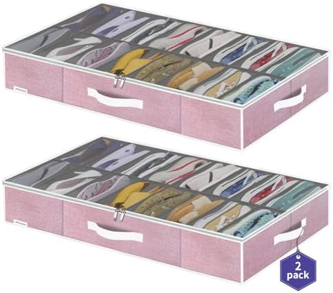 Onlyeasy Large Under Bed Shoe Organizer Container Box, Set of 2, Fit 16 to 32 Pairs of shoes, Underbed Shoes Closet Storage Solution, L37.7x W23.6x H5.9 inch, Cotton-like Pink, MXPUBS16P2 by Onlyeasy