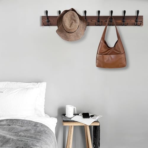 Kuhome 32.2'' Large Coat Rack Wall Mount Coat Hooks Coat Hanger with 8 Metal Black Triple- Hooks Brown Pine Real Wood Plank Hat Rack for Wall Hooks for Hanging Coat Hat Jacket (Pack of 2) - Image 6