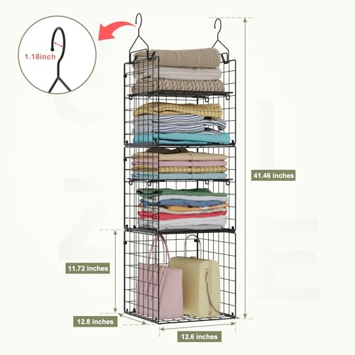 X-cosrack Hanging Closet Organizer and Storage - 5-Tier Closet Storage Organizer Baskets for Clothes & Adjustable Collapsible Metal Closet Hanging Organizer Shelves for Sweaters Shoes Handbags - Image 3
