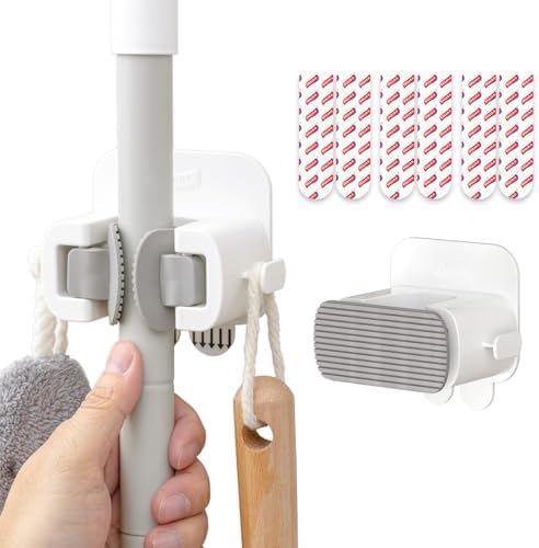 TAILI Mop and Broom Holder Wall Mount Grippers, 2 Hangers and 6 Adhesive Strips, Damage Free Hanging Wall Mount, Household Cleaning Organizer for Organization and Storage, Holds up to 4 lbs, Grey by TAILI