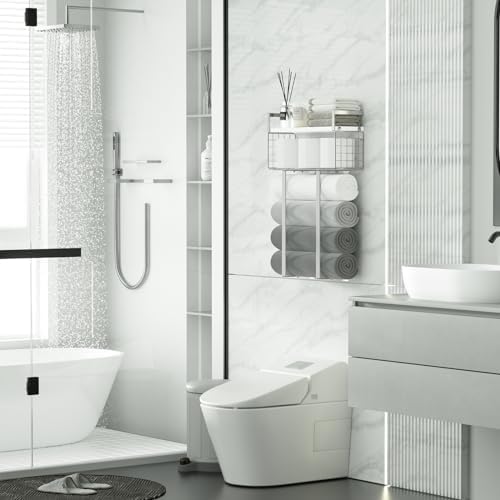 Towel Racks for Bathroom, Bathroom Shelf Over Toilet,Floating Shelves with Towel Rack Paper Holder Storage Basket,Floating Shelves for Wall Decor,Silver - Image 2