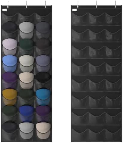 Baseball Hat Rack, 24 Pocket Over-The-Door Hat Organizer with Clear Deep Pockets to Display Baseball Caps Collection, Complete with 3 Over Door Hooks (Black, 24 Pockets) by Unjumbly