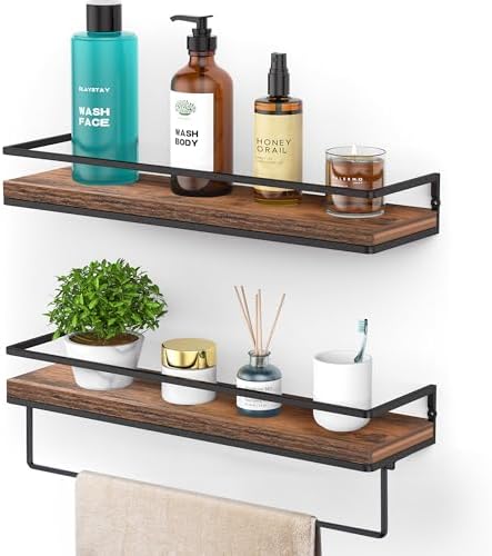 Meangood Floating Shelves Wall Mounted Set of 2, Towel Bar Rustic Wood Wall Storage Shelves for Bedroom,Living Room,Bathroom, Kitchen Rustic Brown by Meangood