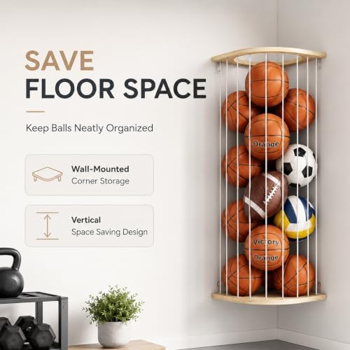 Garage Ball Storage Rack with Wood Frame, Wall Mount Corner Organizer - Image 4