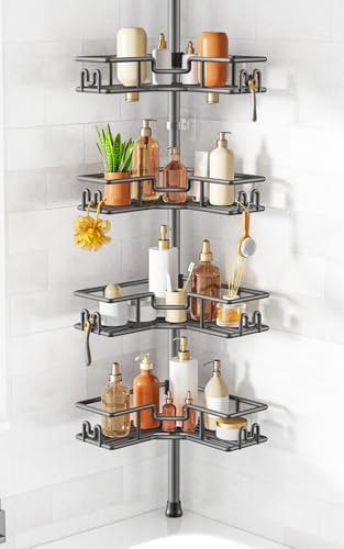 HAMITOR Adjustable Bathroom Storage, 4-Tier Tension Pole Shower Caddy, Gray by HAMITOR