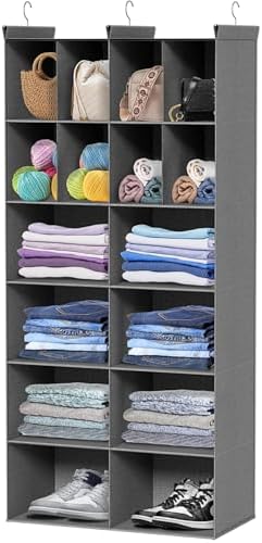 6 Tier Hanging Closet Organizer, 16 Compartments Dual Row Storage, Grey | Closet Organizers and Storage with Large & Small Pockets, 3 Sturdy Hooks Support Heavy Loads, Ideal for Dorm, Garment Rack by Ofiray-home